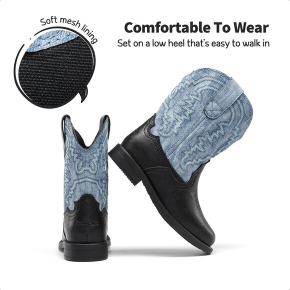 Toddler Kids Cowboy Boots Western Mid Calf Square Toe Black Boots for Boys Girl - Picture 5 of 6